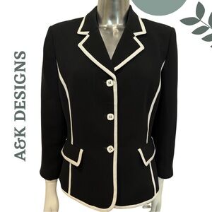 A&K DESIGNS | Black & White Contrast Trim Blazer Lined Size 12P